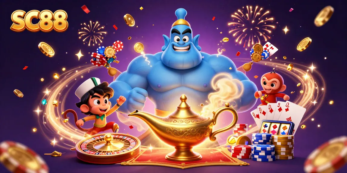 Experience SC88's thrilling casino atmosphere with a blue genie and poker-themed elements.
