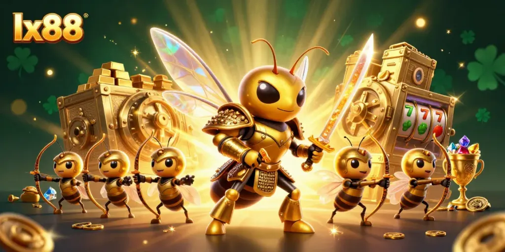 Spin to win with lx88's vibrant slot scene featuring a golden hornet and treasures galore.