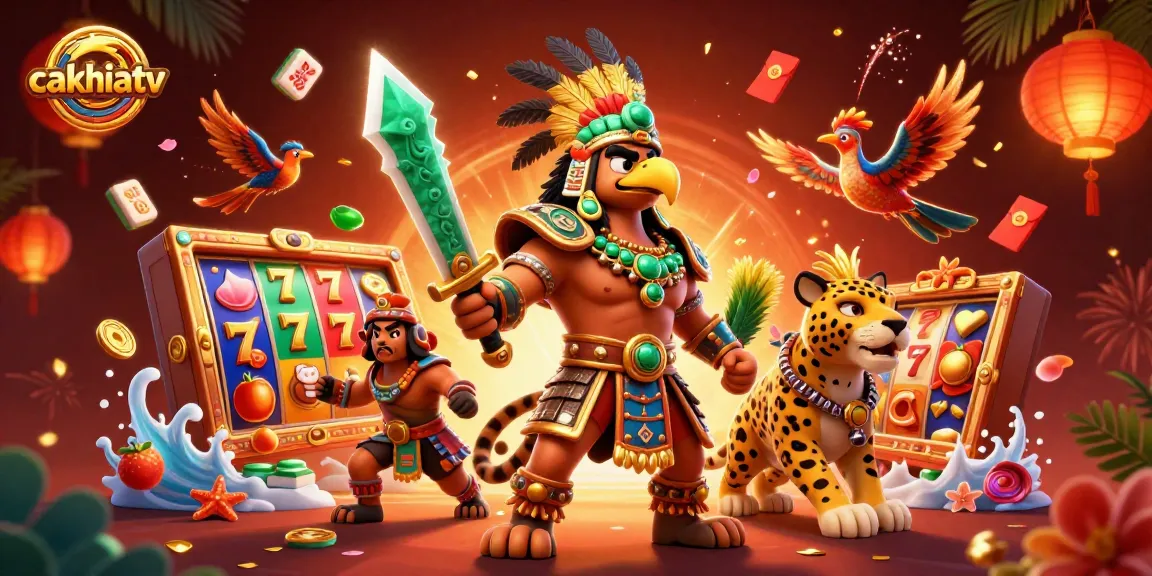 Experience high-energy gaming with cakhiatv's stunning Aztec warrior and dynamic slot elements.