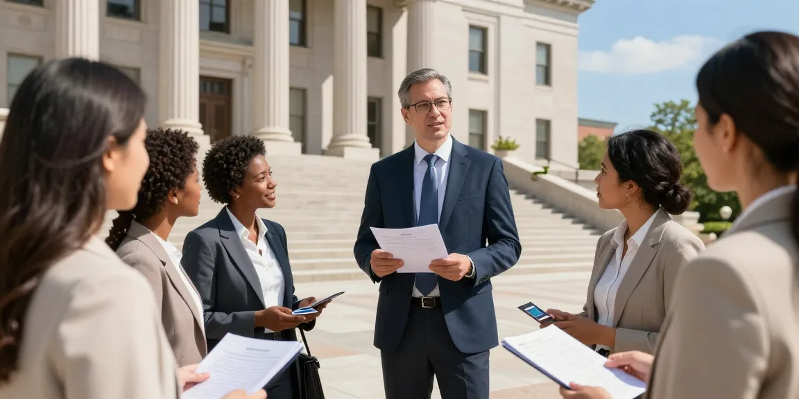 Lawyer consulting clients outside a historic courthouse, showcasing legal expertise and support.