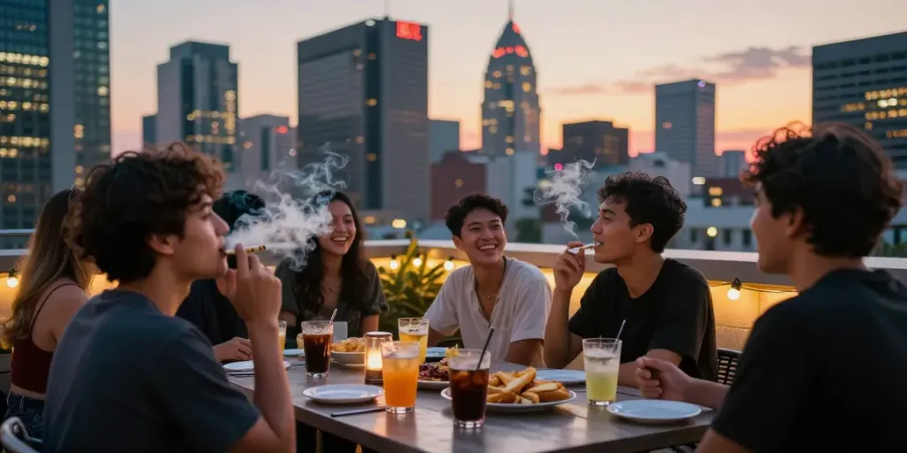 Suasana teman-teman menikmati rokok 88 di teras atap kota saat matahari terbenam.