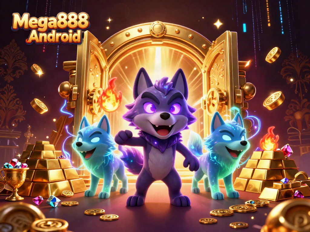 Experience Mega888 Android with a vibrant 3D illustration showcasing a wolf pack leader amid a treasure vault.