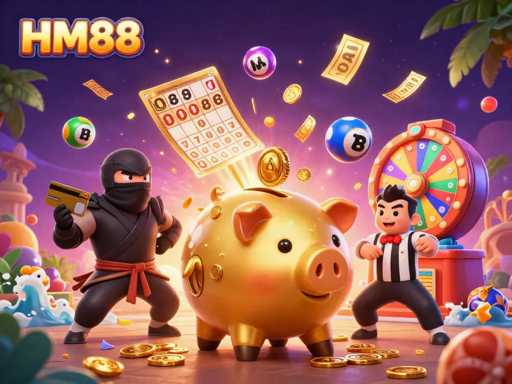 HM88 brings excitement with a golden piggy bank sumo wrestler surrounded by vibrant gaming elements.
