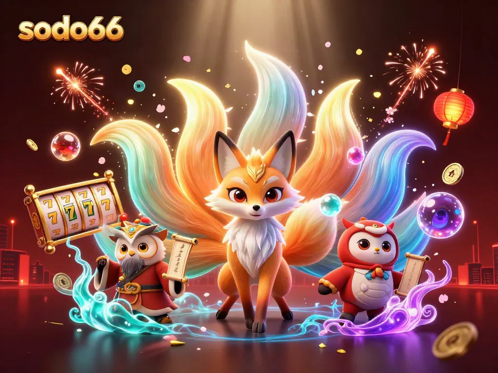 Experience the excitement of sodo66 as a vibrant nine-tailed fox and owl sage invite players to immerse in a dynamic casino atmosphere.