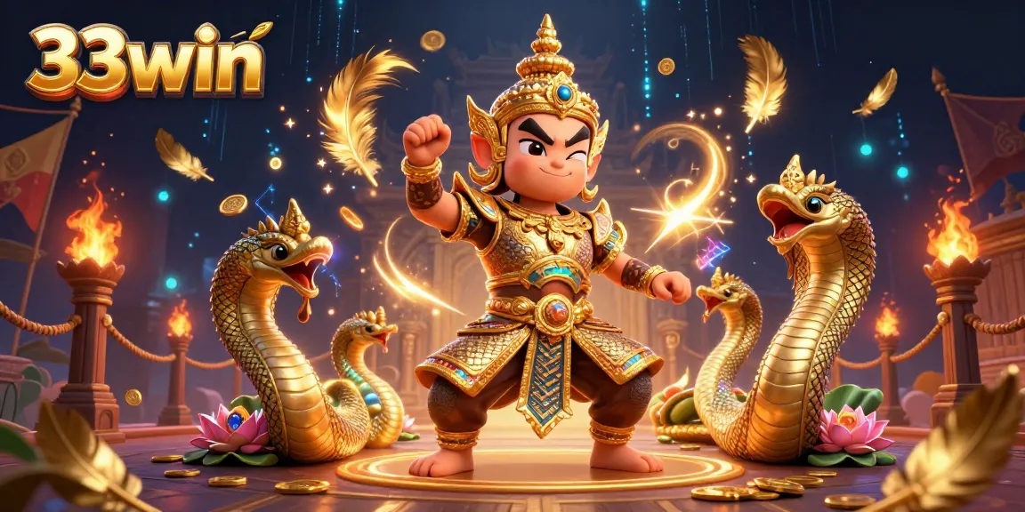 Engage with 33win's vibrant action, showcasing a dynamic 3D Thai guardian amidst gambling elements.