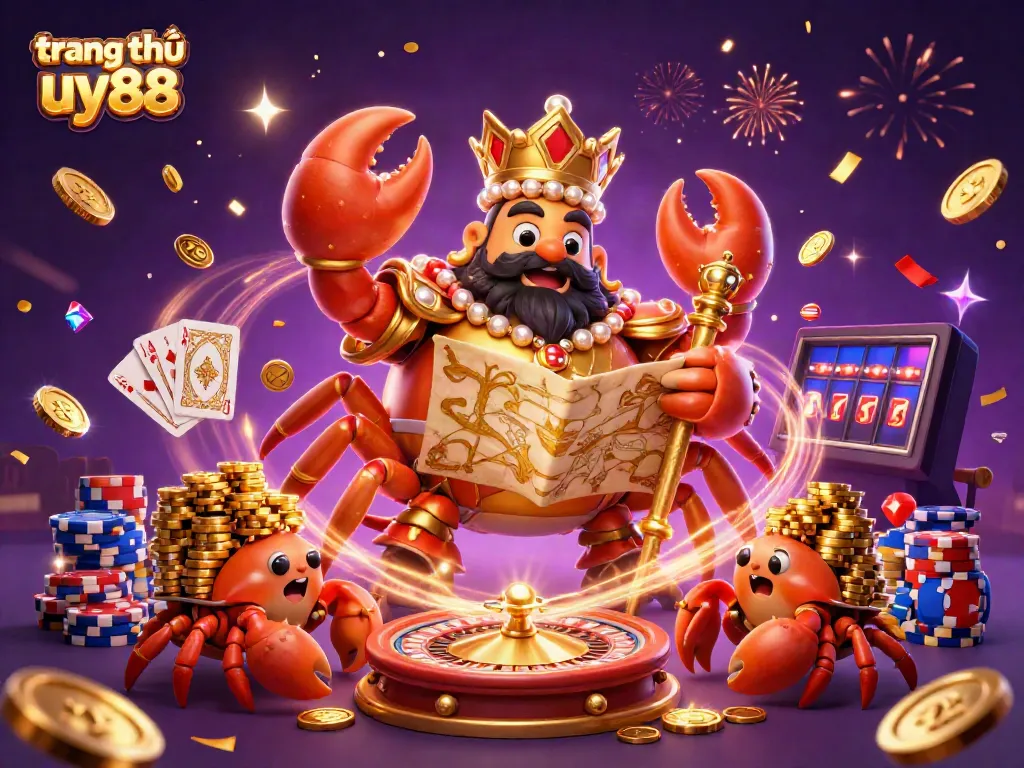 Experience the excitement of trang chủ uy88 with a vibrant 3D scene featuring a golden crab emperor and casino elements.