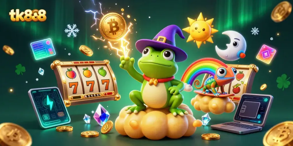 Experience excitement with tk888's wizard frog and chameleon, amidst a flurry of casino elements.