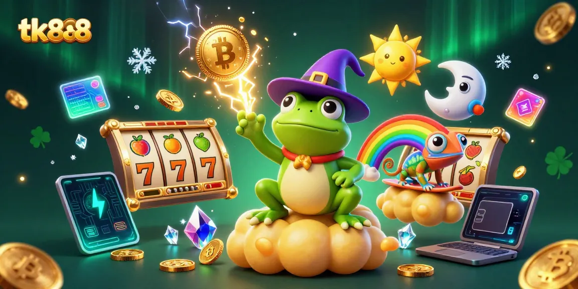 Experience excitement with tk888's wizard frog and chameleon, amidst a flurry of casino elements.