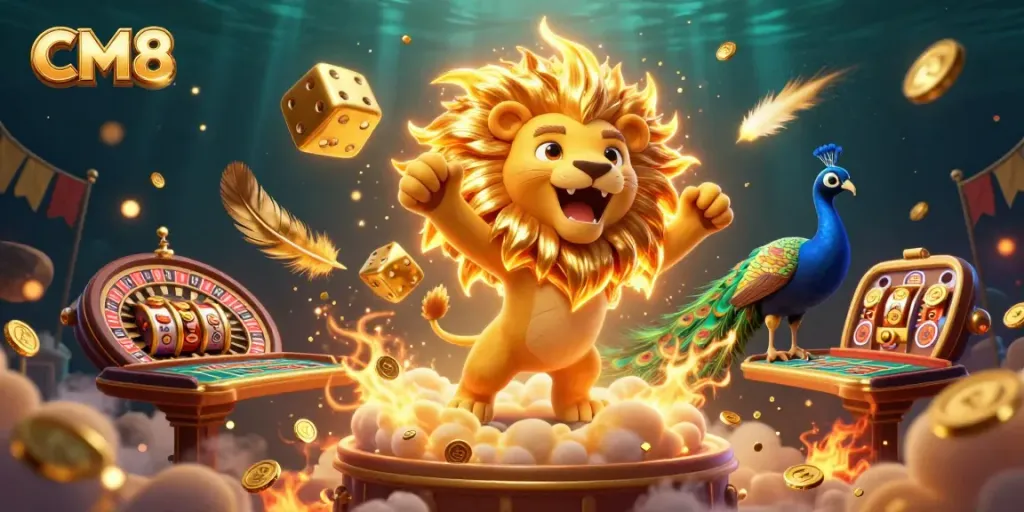 Experience thrilling gameplay at CM8 with a triumphant lion and vivid casino elements.