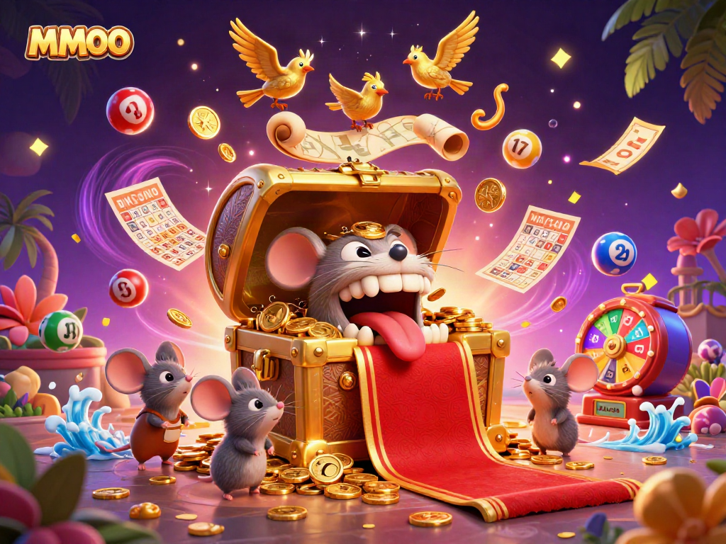 Engage with MMOO's exciting features, including a treasure chest mimic surrounded by colorful lottery elements in a dynamic casino setting.