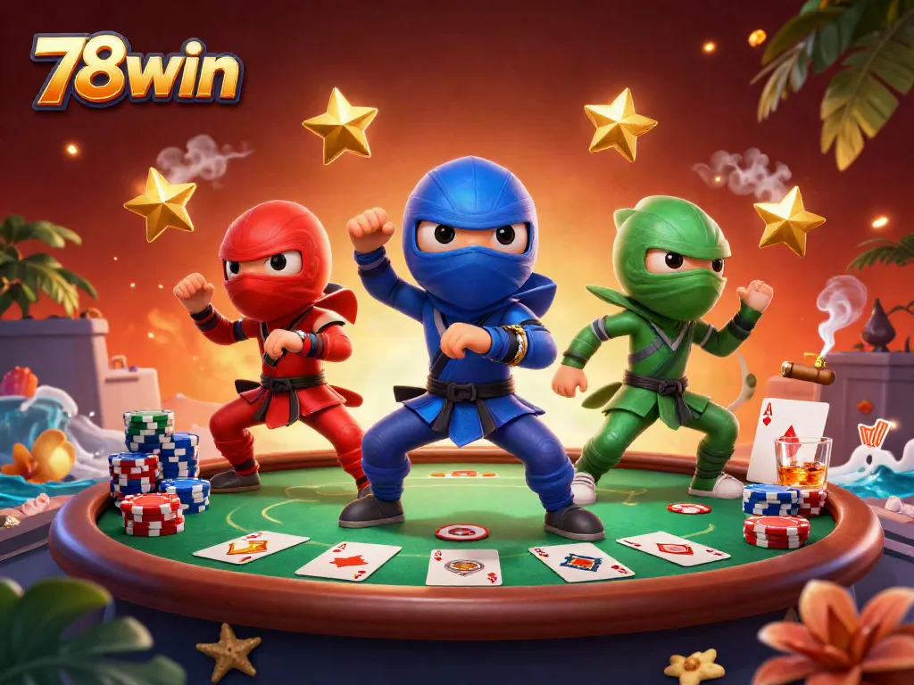 78win showcases a vibrant casino scene featuring chameleon ninjas performing and poker elements dynamically scattered.