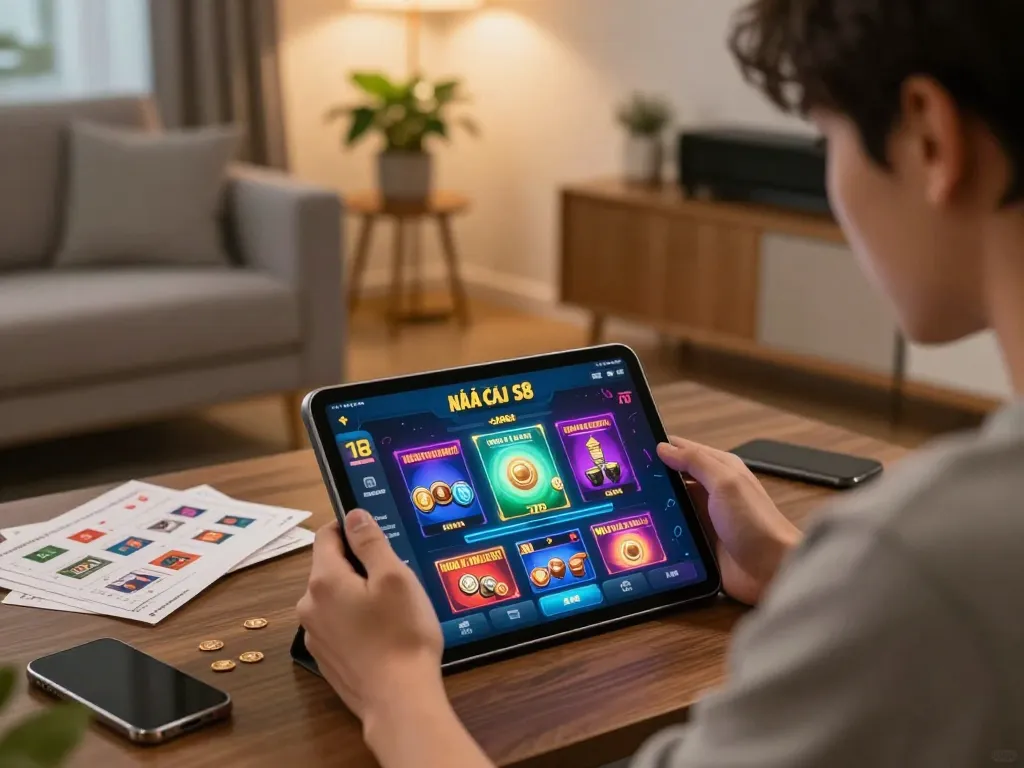 Engaged player exploring Nhà cái s8 app on tablet in a cozy home setting.