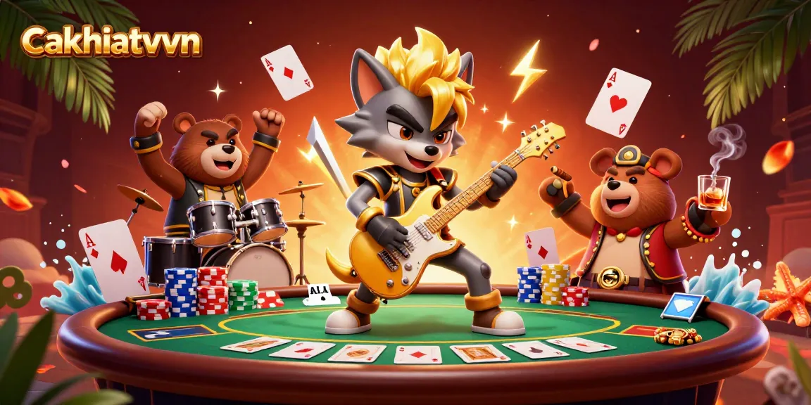 Cakhiatvvn poker scene with a rock star wolf and drummer bear on a vibrant casino stage.