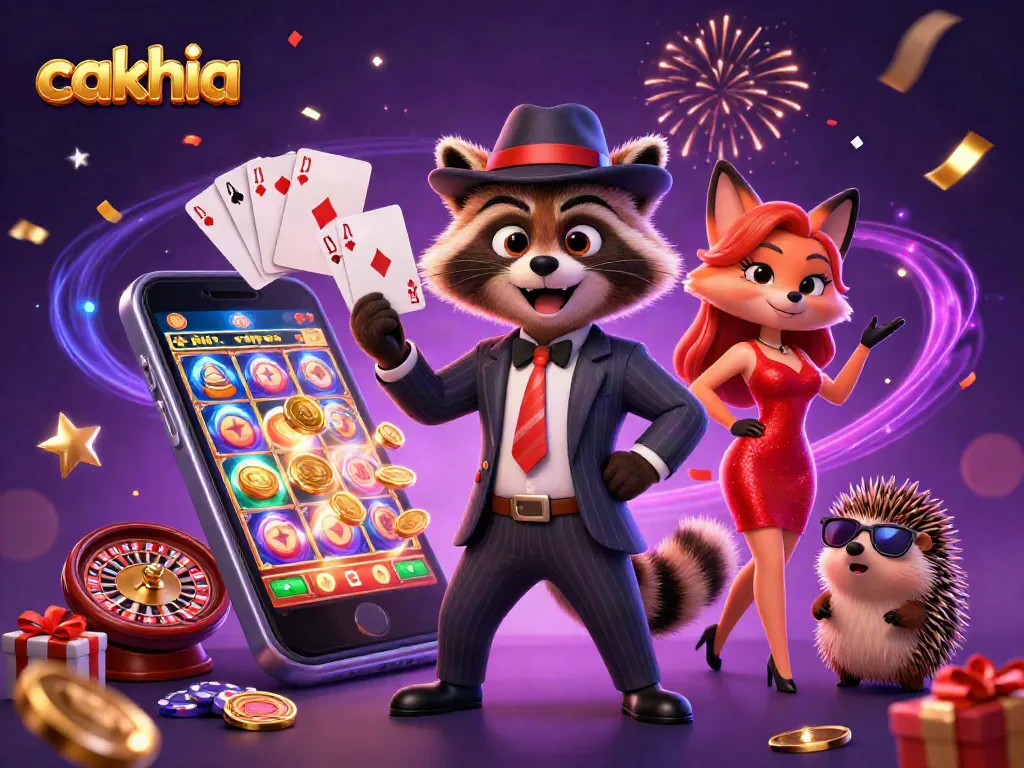 Cakhia shows a raccoon in suit holding a royal flush, surrounded by party casino elements.