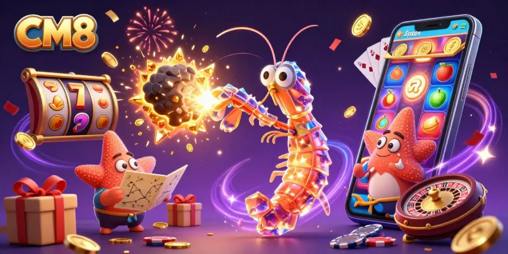 Engage with CM8's thrilling slots in an exciting galaxy-themed casino illustration.
