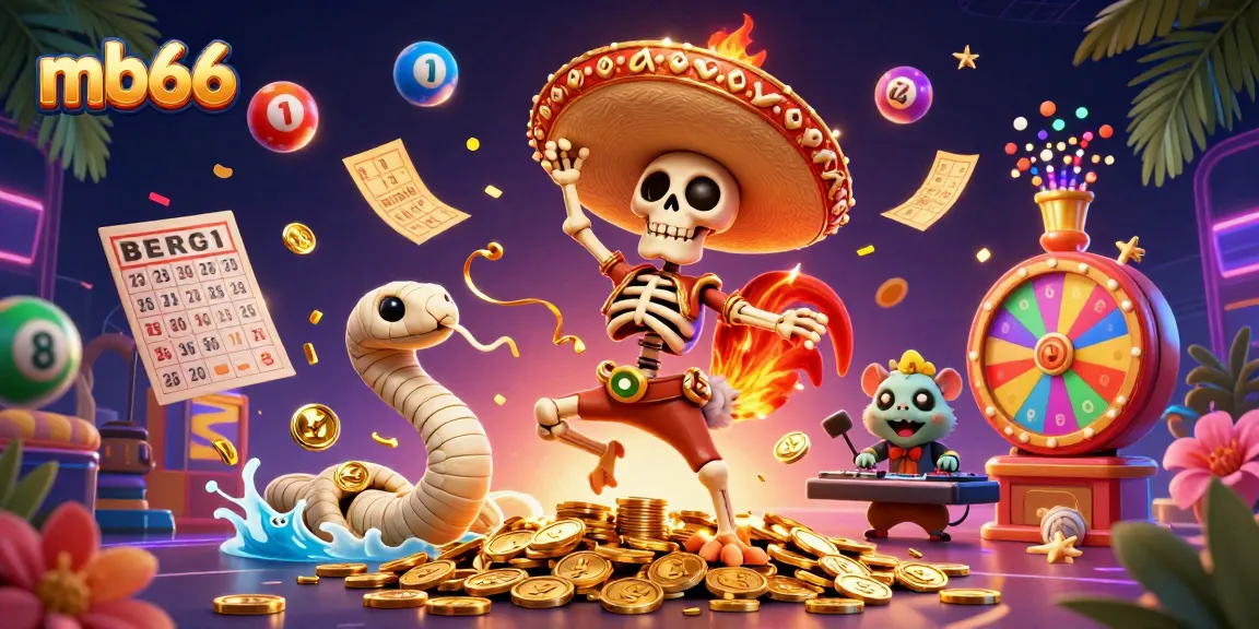 Engage in thrilling casino fun with lively mb66 characters on golden coins amidst vibrant gambling elements.