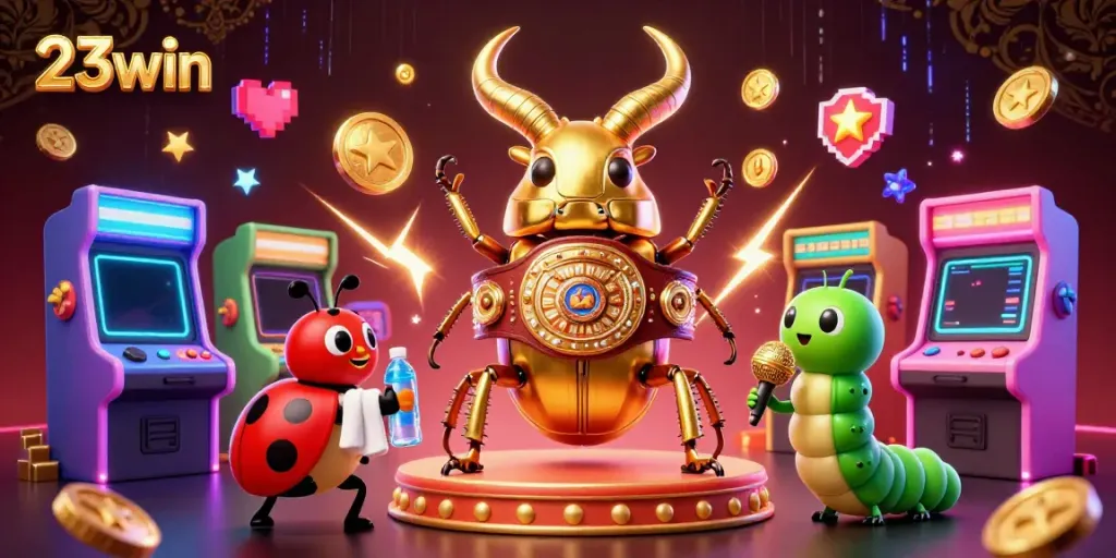 Experience thrilling gambling at 23win with vibrant, animated characters and arcade elements.