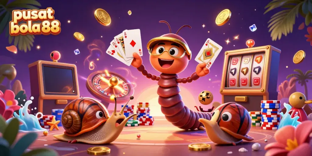 Engage with excitement at pusat bola 88, featuring a cartoon dealer and a snail high-roller in a vibrant casino scene.