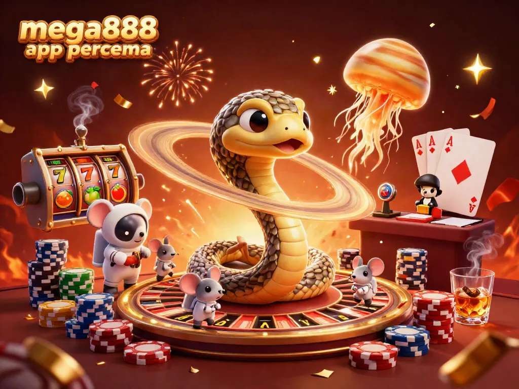 Experience thrilling gaming with the mega888 app percuma in this vibrant cosmic casino scene featuring interactive elements.