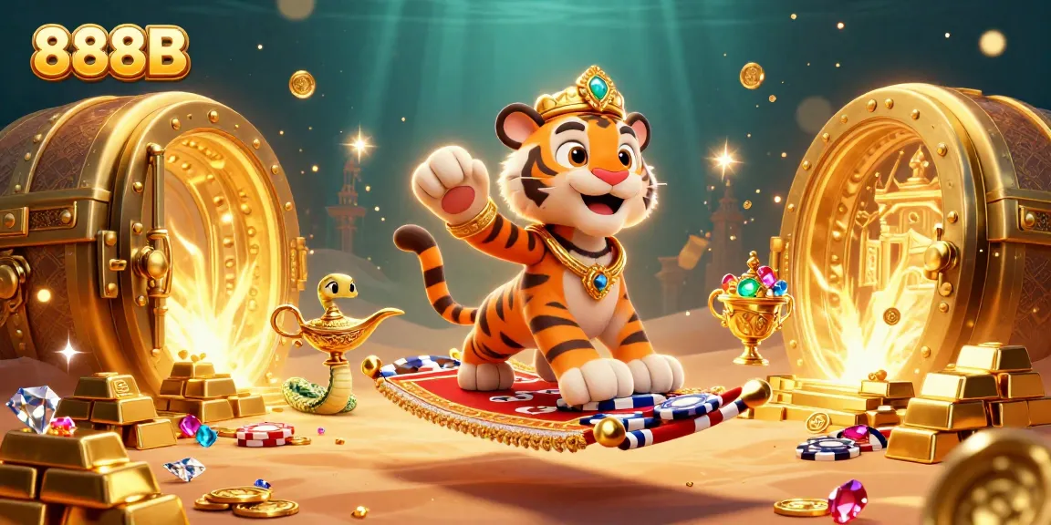 Experience excitement with 888B in a vibrant Arabian Nights casino illustration packed with gold and treasures.