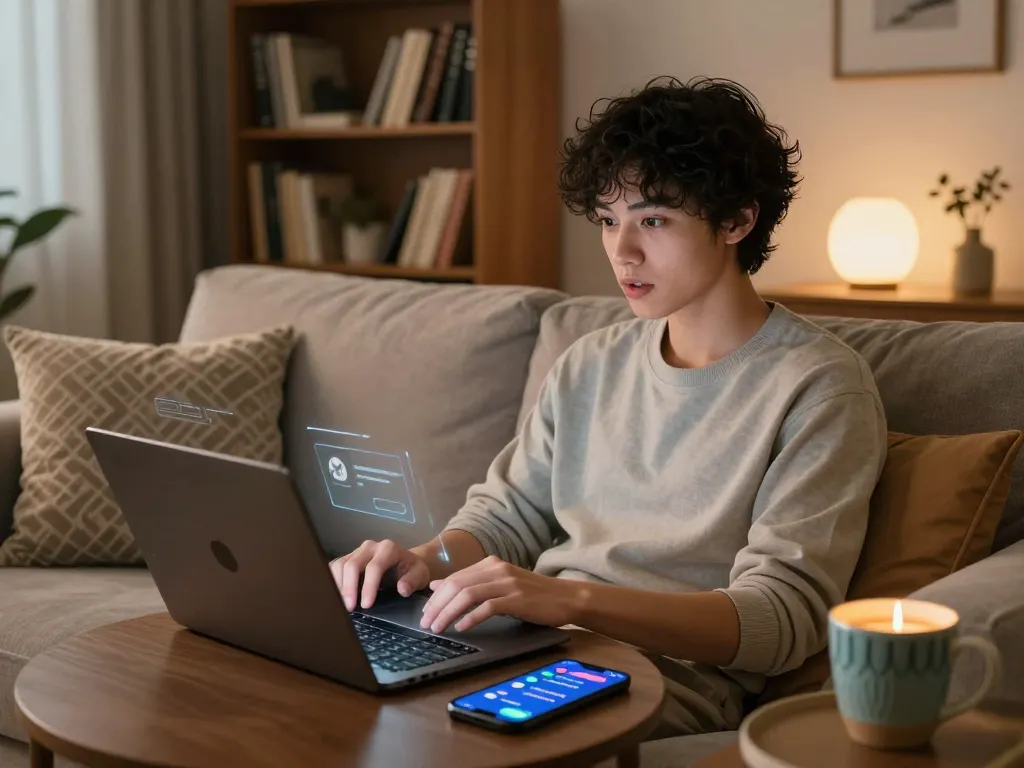 Engaging in an 18+ AI chat experience in a cozy modern setting with a sleek laptop and ambient lighting.