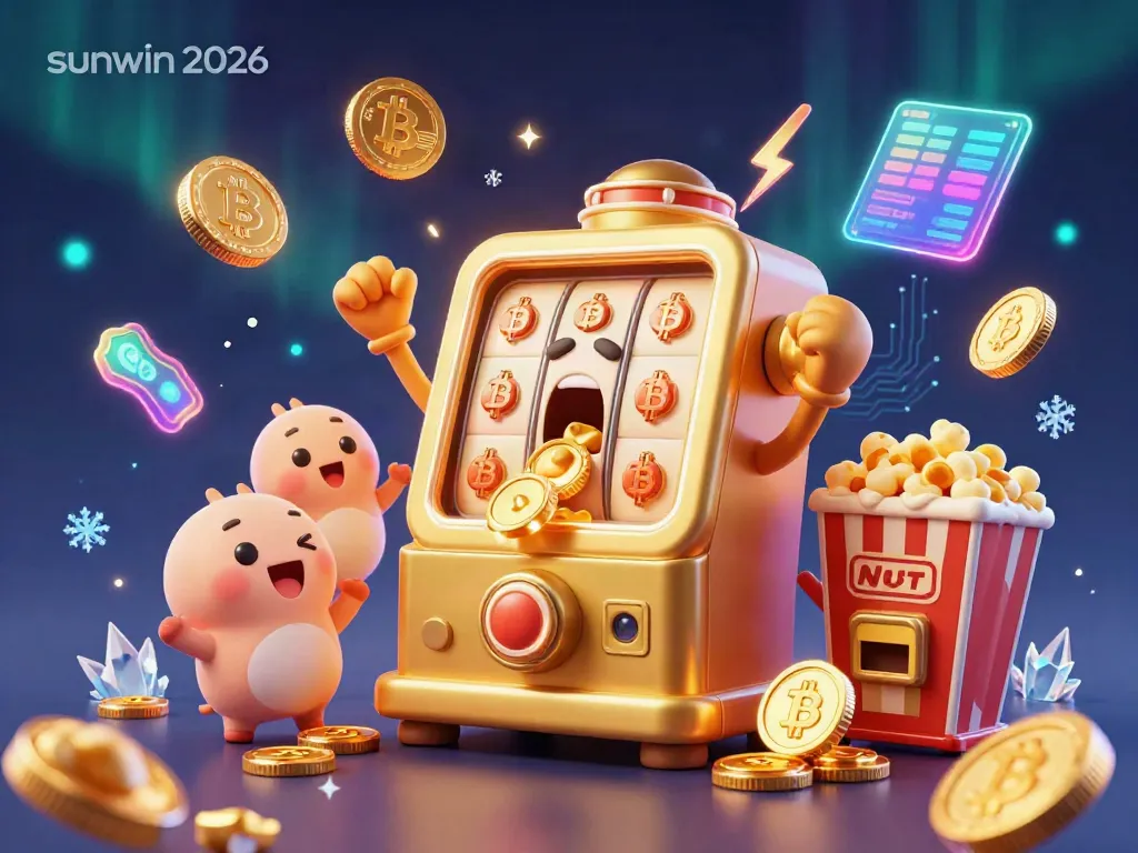 Experience the excitement of sunwin 2026 with our animated golden slot machine celebrating a jackpot surrounded by vibrant crypto elements.