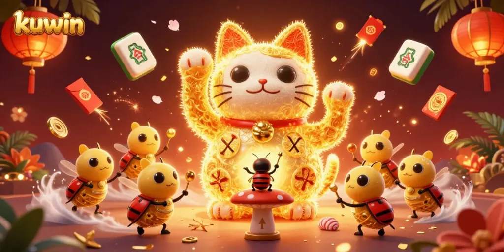 Experience excitement with kuwin as a giant lucky cat waves among casino symbols in a vibrant scene.