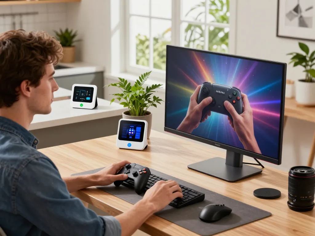 Showcasing unique tech gadgets, a gaming enthusiast enjoying 8BitDo Ultimate 2 controller in a modern workspace.