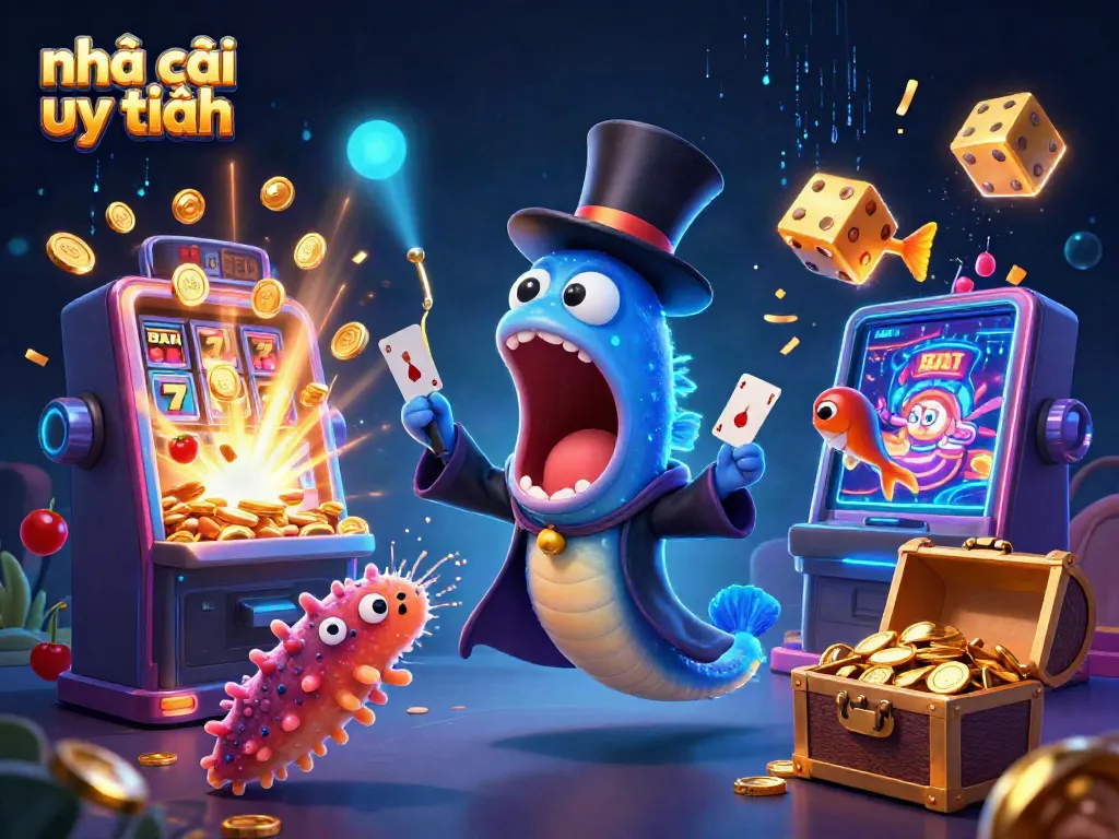 Witness the spectacle of a lively casino scene with the vibrant characters showcasing the essence of nhà cái uy tín.