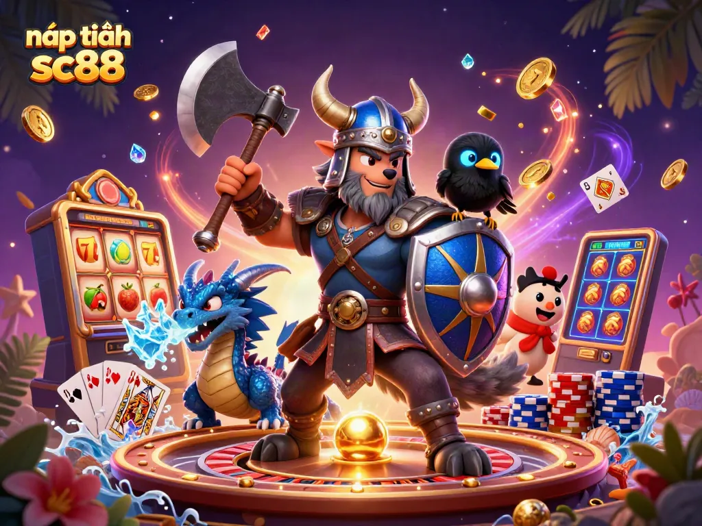 Experience nạp tiền sc88 with a vibrant 3D casino scene featuring lucky symbols and dynamic characters.