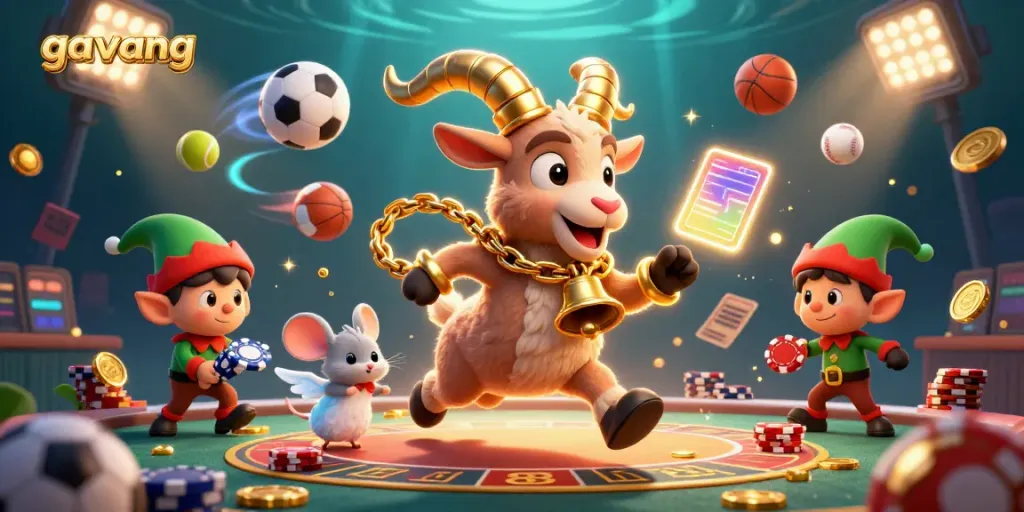 Experience the excitement of gavang sports betting with a lively 3D illustration featuring whimsical characters and dynamic casino elements.