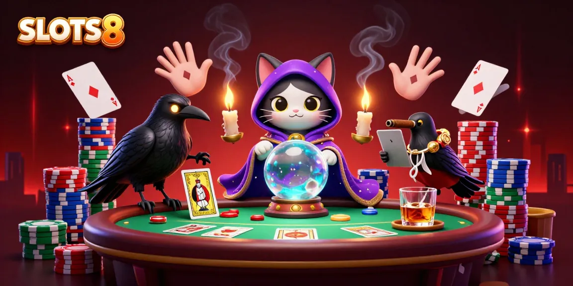 Experience the mystical allure of SLOTS8 with a fortune teller cat, poker chips, and casino elements.