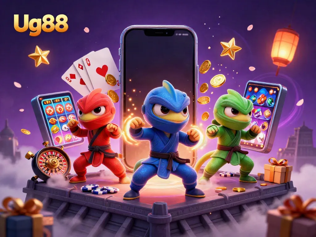 Engage with Ug88 casino games featuring ninja chameleons in a dynamic 3D illustration filled with action and games.