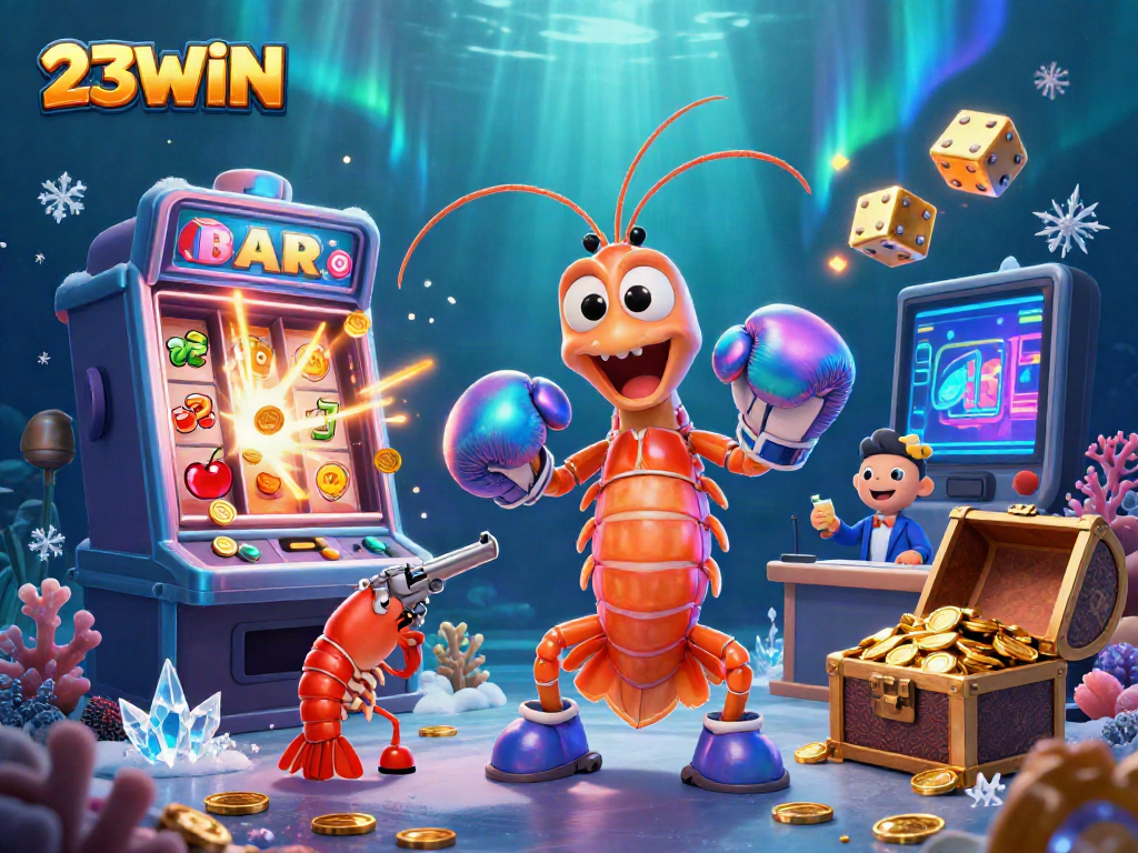 Experience the thrill of 23WIN with an action-packed illustration featuring vibrant casino themes.