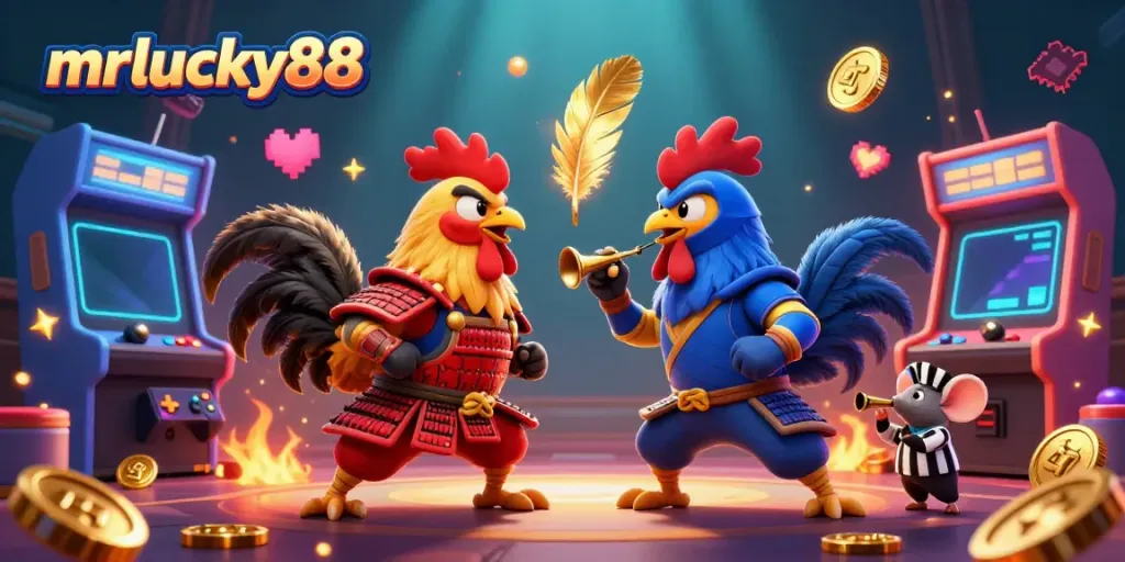 Challenge your luck at mrlucky88 with a vibrant 3D gaming illustration of fighting roosters amidst arcade elements.