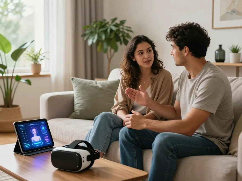 Couple discussing AI sex concepts in a modern living room with smart technology.