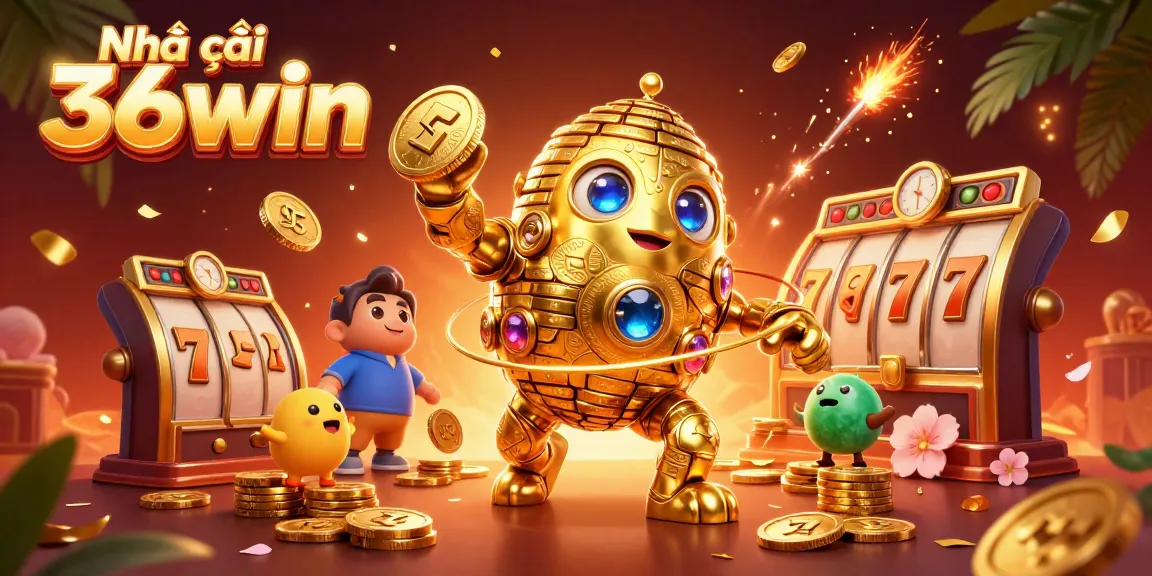 Experience excitement at Nhà cái 36win with dynamic 3D symbols and golden golem illustration.