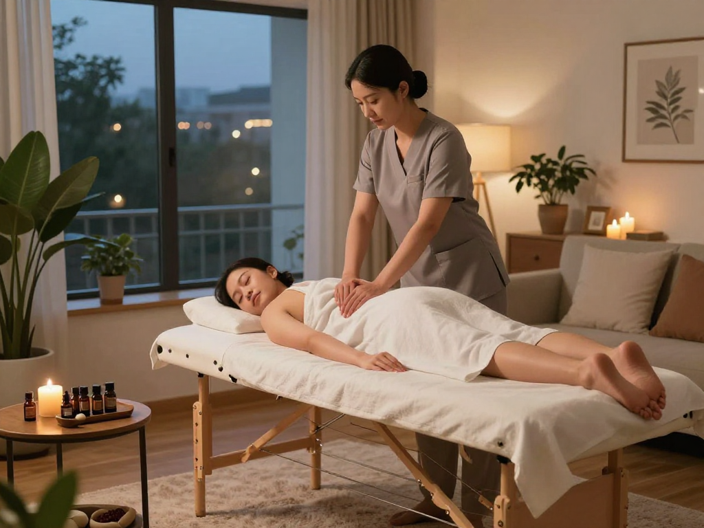 Relaxing 출장마사지 in a cozy home setting with a professional masseuse.