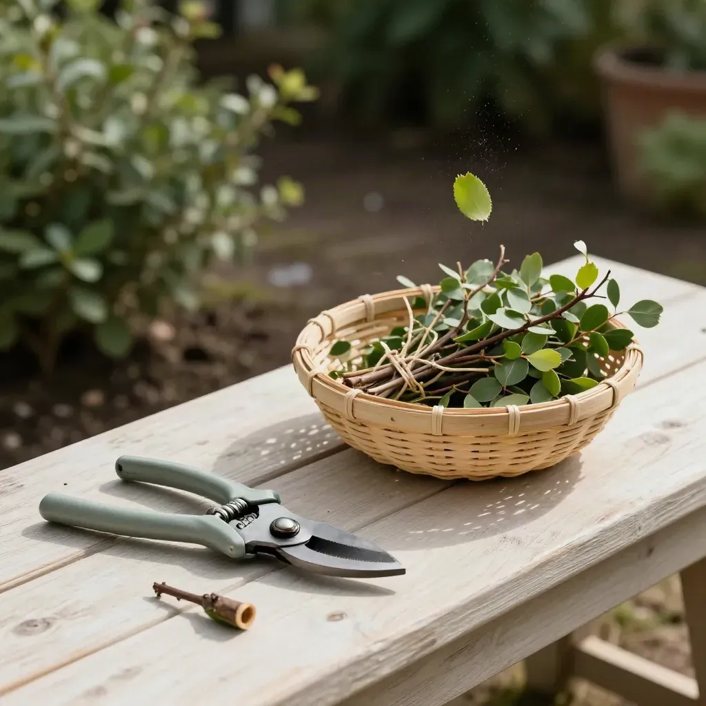 Gunting pemangkas, keratan dahan dan bakul daun di atas kayu pucat.