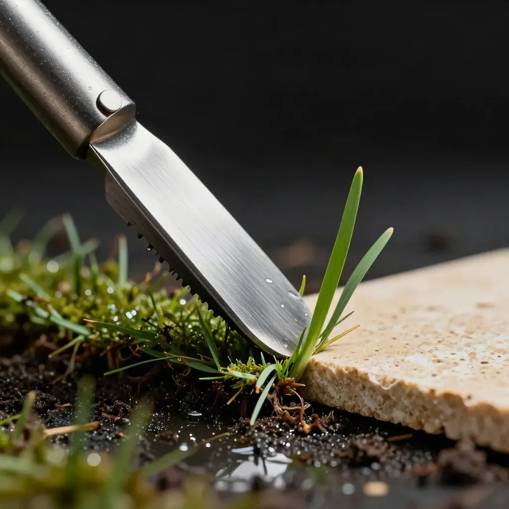 Kepala alat potong rumput dekat, tepi sod tergulung, serpihan rumput dan sampel batu basah