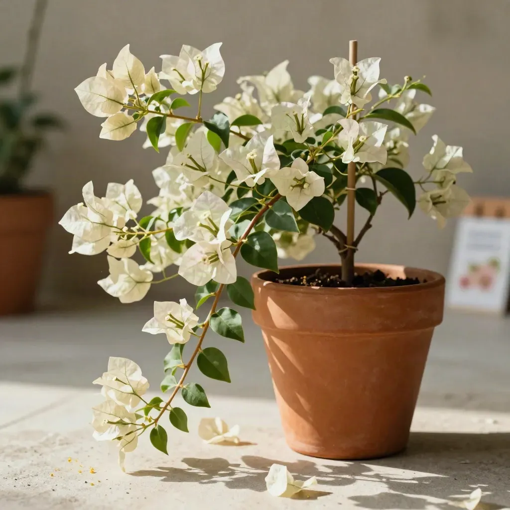 Bougainvillea dalam pasu terracotta dengan kelopak bertabur di atas konkrit cerah