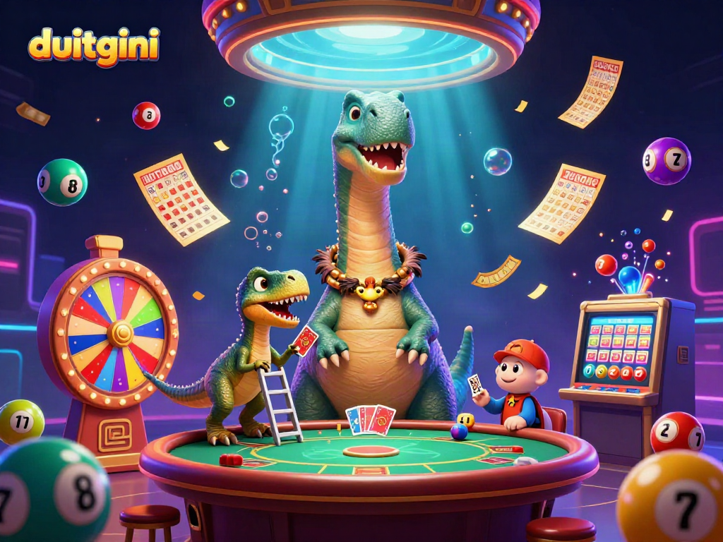 Engage with duitgini in a vibrant casino scene, showcasing fun lottery elements and dynamic characters.