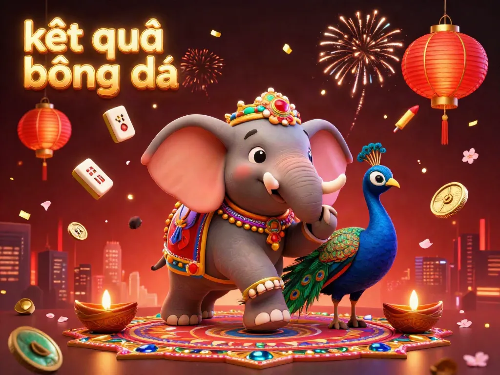 Experience exciting kết quả bóng đá with a vibrant 3D illustration of an elephant and peacock amidst festive decorations and gambling elements.