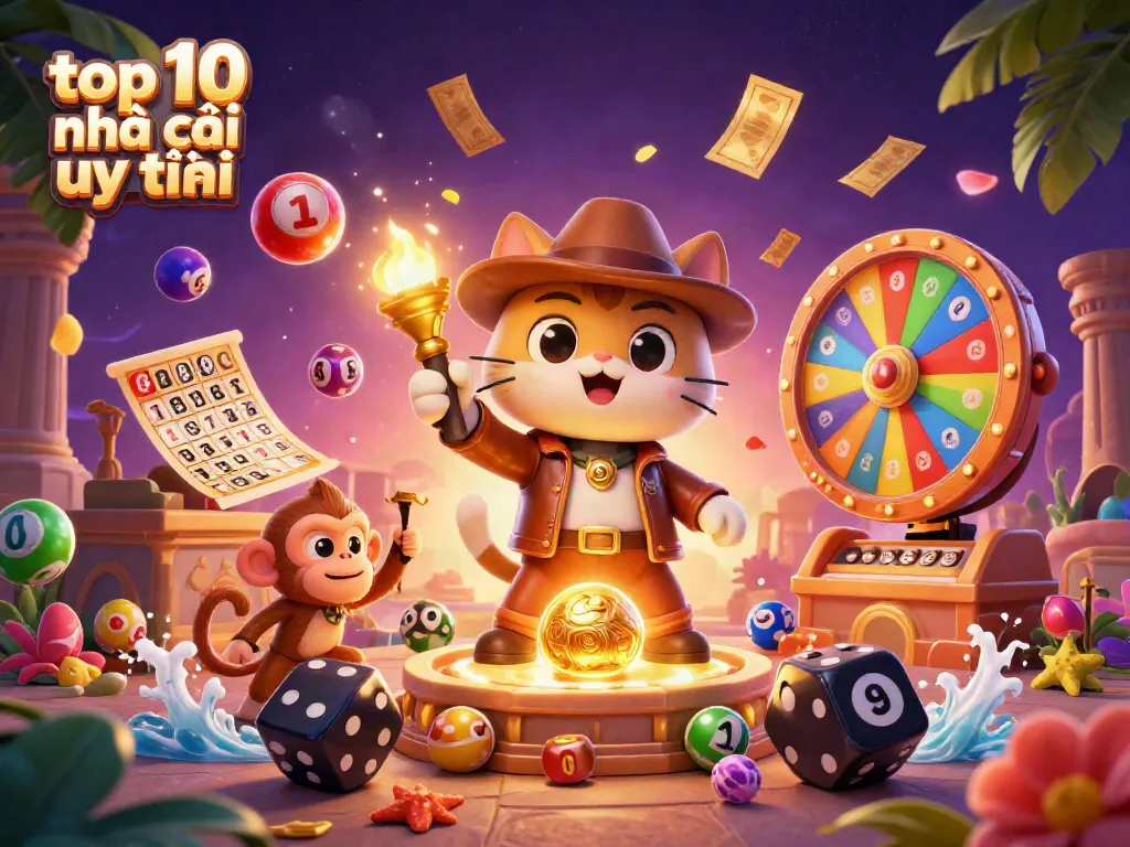 Exciting visual of top 10 nhà cái uy tín depicting an archaeologist cat and monkey amidst casino artifacts and lively lottery elements.