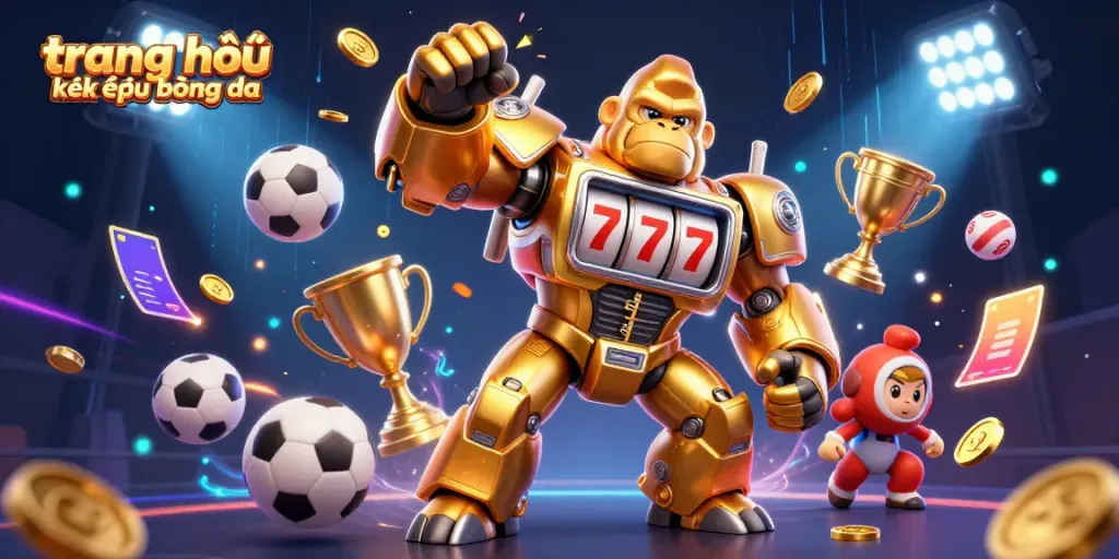 Engaging visual of trang chủ kết quả bóng đa depicting a dynamic golden gorilla mech surrounded by sports betting elements.