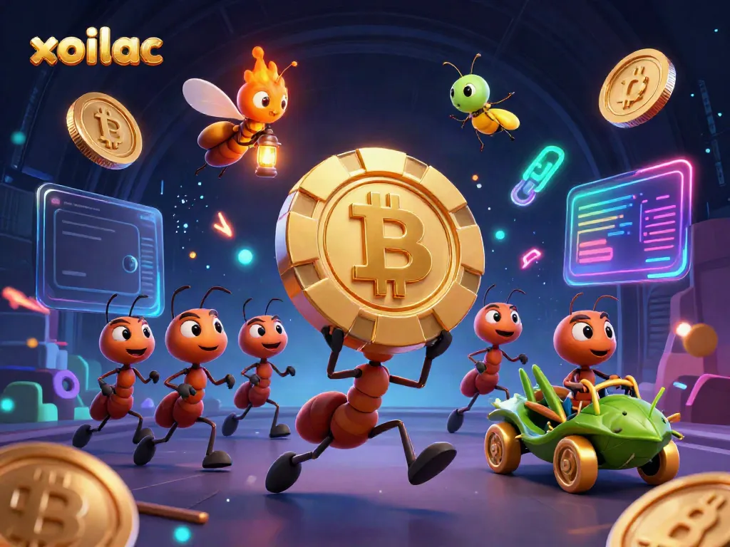 Watch the ants execute a heist with a massive poker chip at xoilac amidst neon crypto elements.