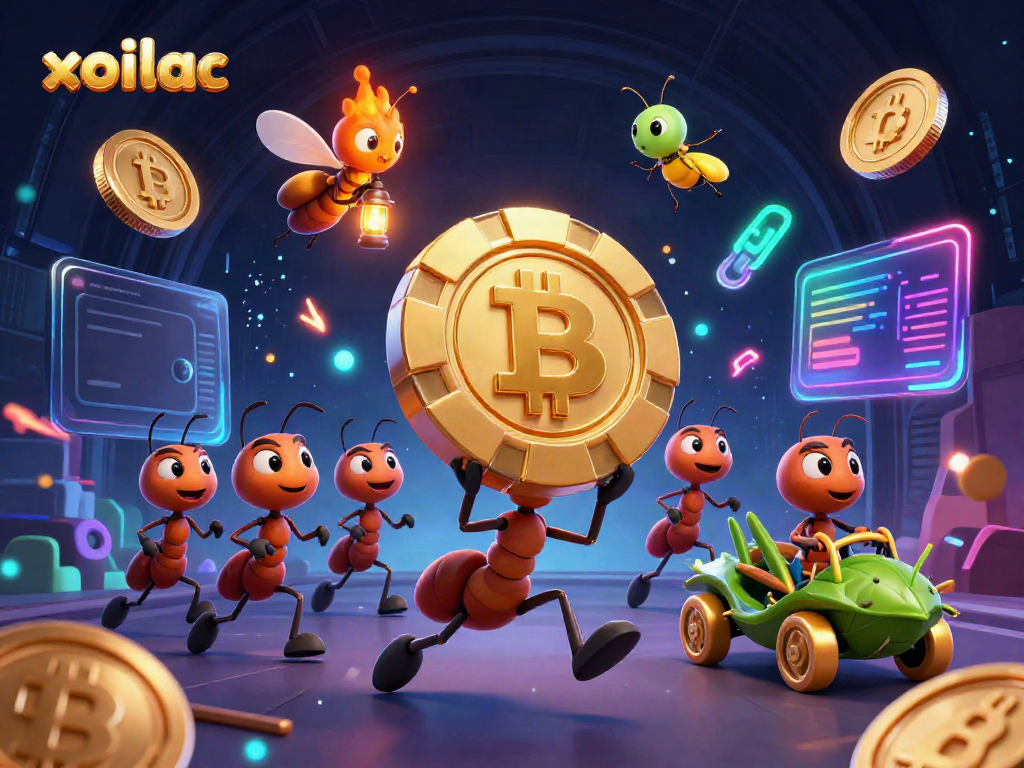 Watch the ants execute a heist with a massive poker chip at xoilac amidst neon crypto elements.