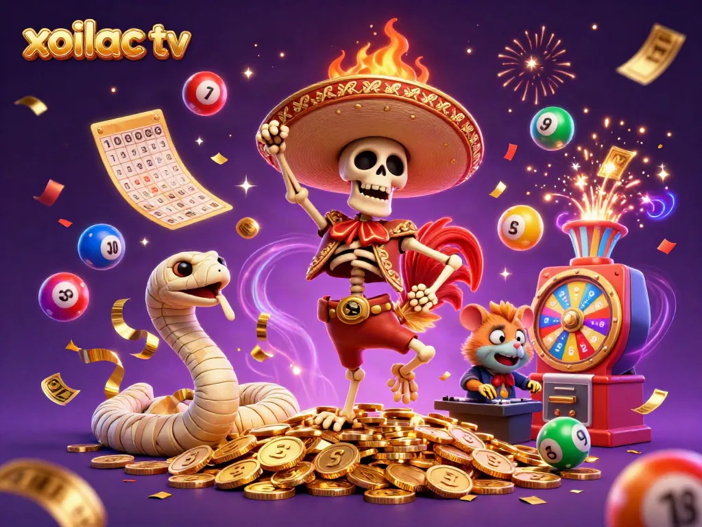 Engage with the vibrant excitement of xoilac tv through a lively casino illustration featuring dynamic lottery themes.
