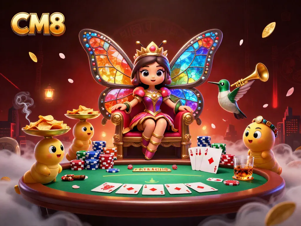 Experience the thrill of CM8 in a vibrant casino scene with a butterfly queen and poker elements.