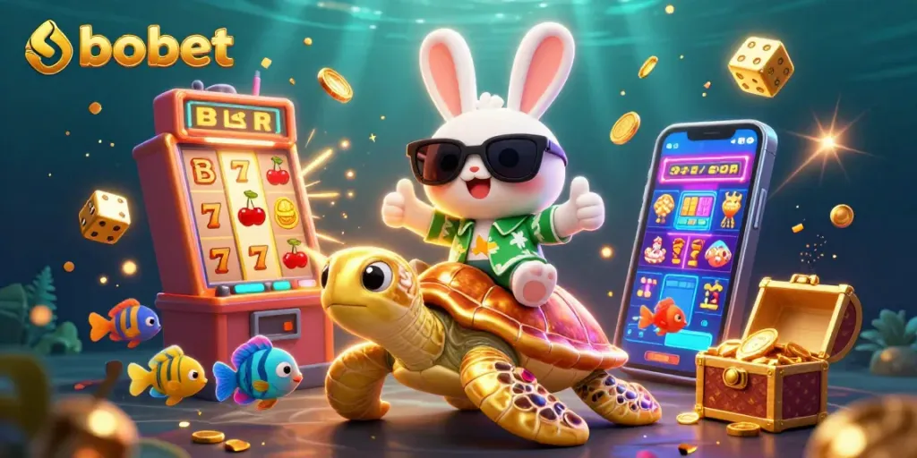 Bermain sbobet dengan rabbit keberuntungan di kasino dengan mesin slot dan koin emas yang meledak.